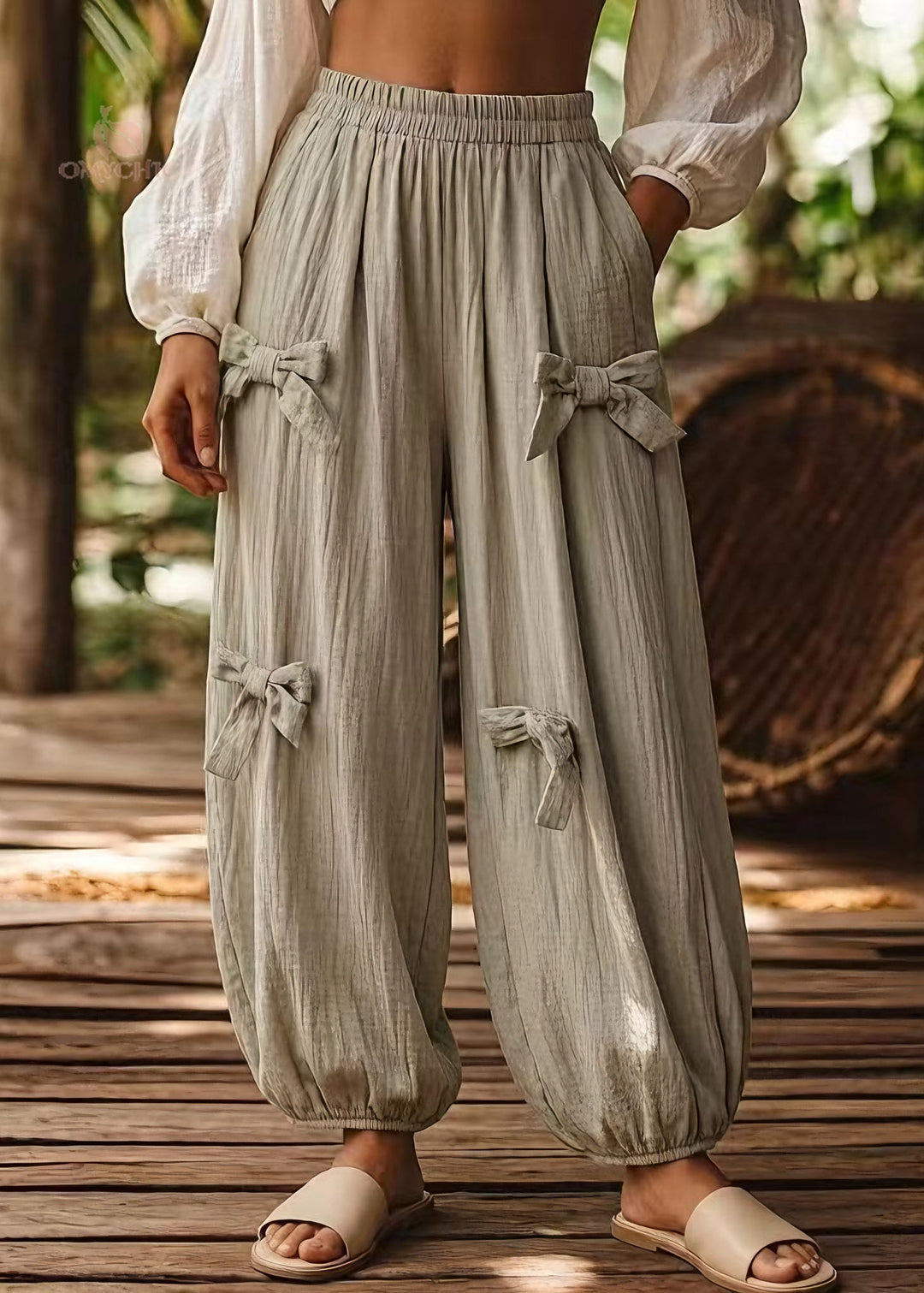 Plus Size Green Pockets Bow Elastic Waist Cotton Pants Summer