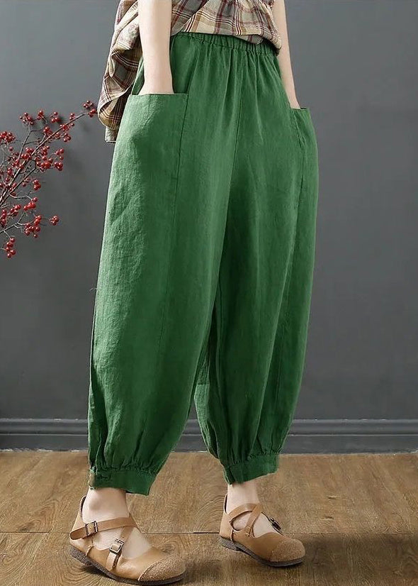 Plus Size Green Pockets Elastic Waist Cotton Harem Pants