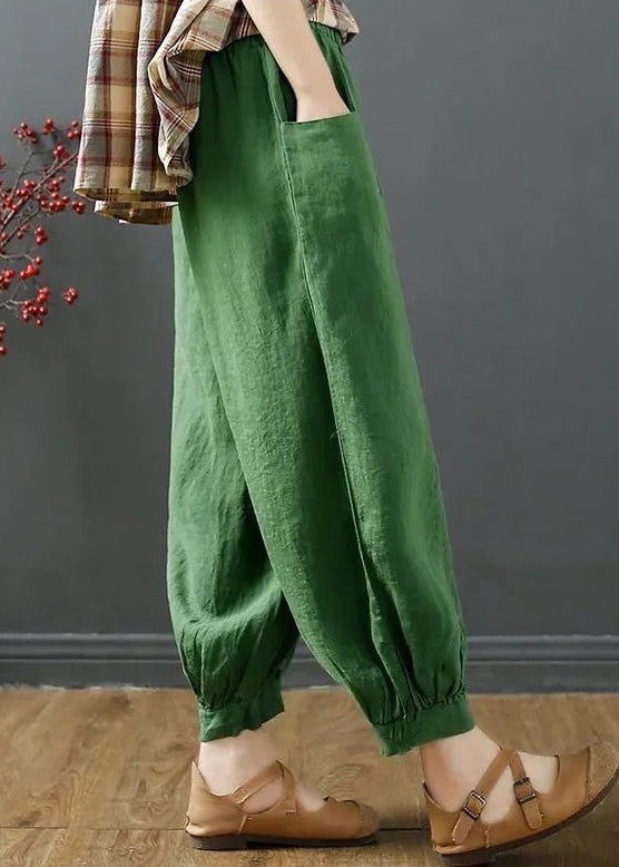 Plus Size Green Pockets Elastic Waist Cotton Harem Pants