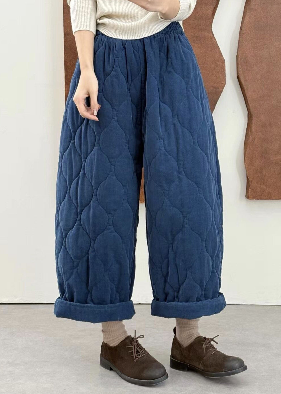 Plus Size Green Pockets Elastic Waist Fine Cotton Filled Pants Winter