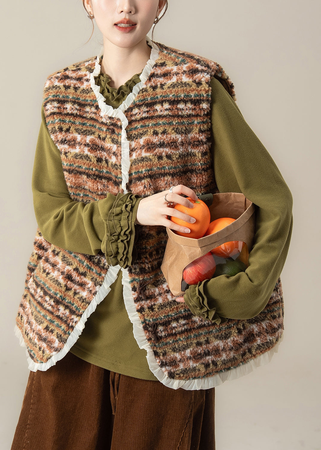 Plus Size Green Pockets Faux Fur Waistcoat Winter