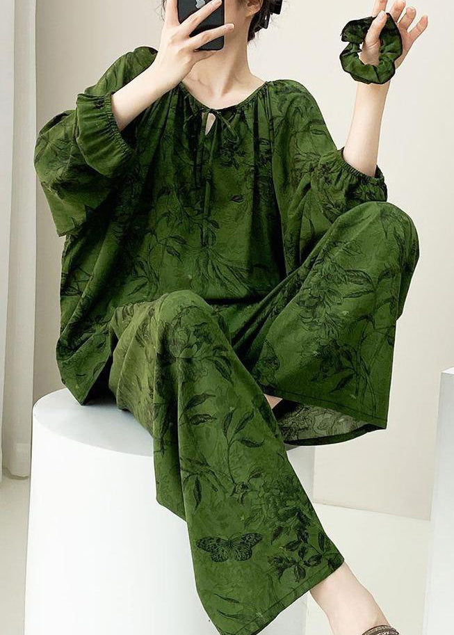 Plus Size Green Print Lace Up Cotton Pajamas Two Pieces Set Fall