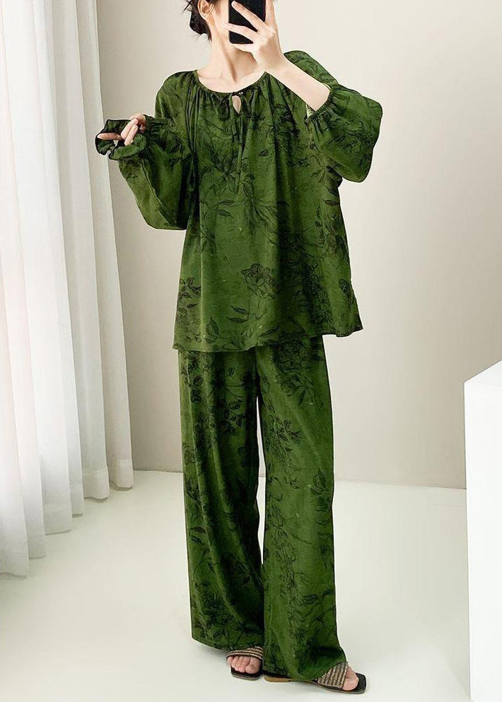 Plus Size Green Print Lace Up Cotton Pajamas Two Pieces Set Fall