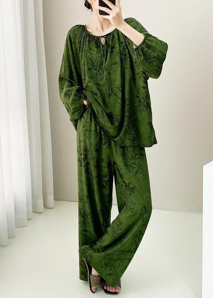Plus Size Green Print Lace Up Cotton Pajamas Two Pieces Set Fall