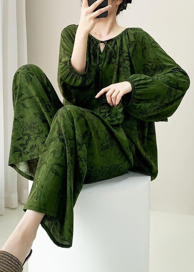 Plus Size Green Print Lace Up Cotton Pajamas Two Pieces Set Fall