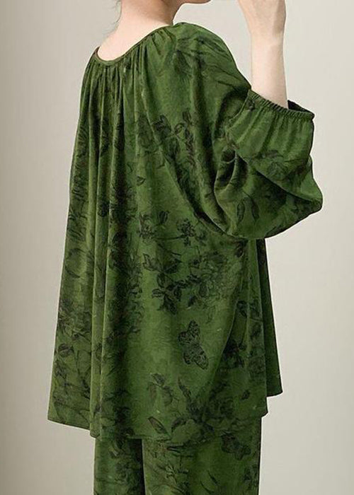 Plus Size Green Print Lace Up Cotton Pajamas Two Pieces Set Fall