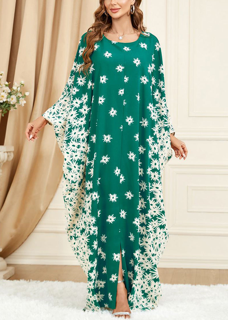 Plus Size Green Print Side Open Cotton Long Dress Batwing Sleeve