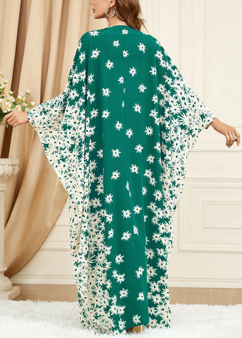 Plus Size Green Print Side Open Cotton Long Dress Batwing Sleeve