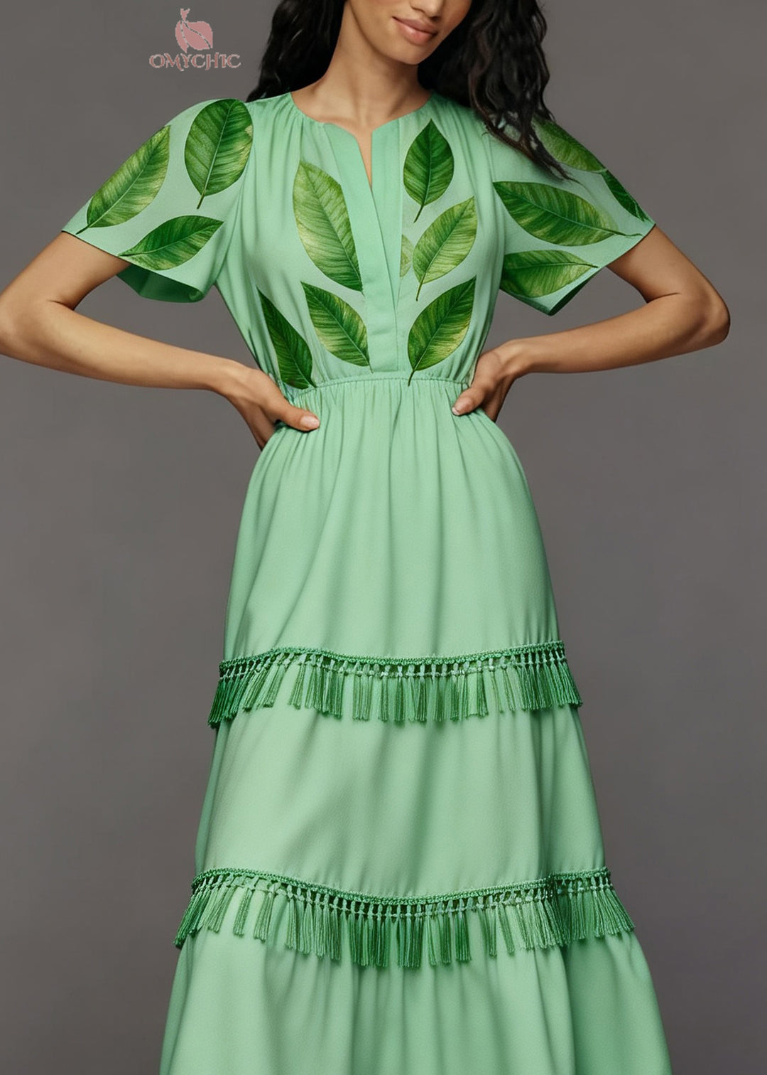 Plus Size Green Print Tassel Patchwork Cotton Long Dresses Summer