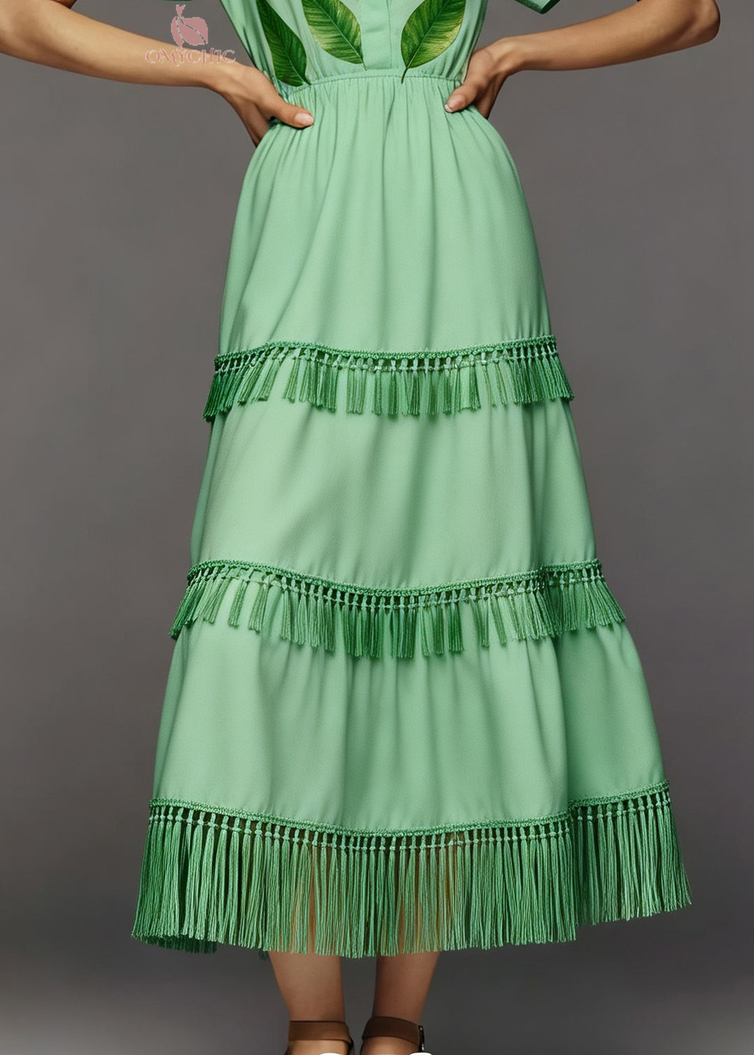 Plus Size Green Print Tassel Patchwork Cotton Long Dresses Summer
