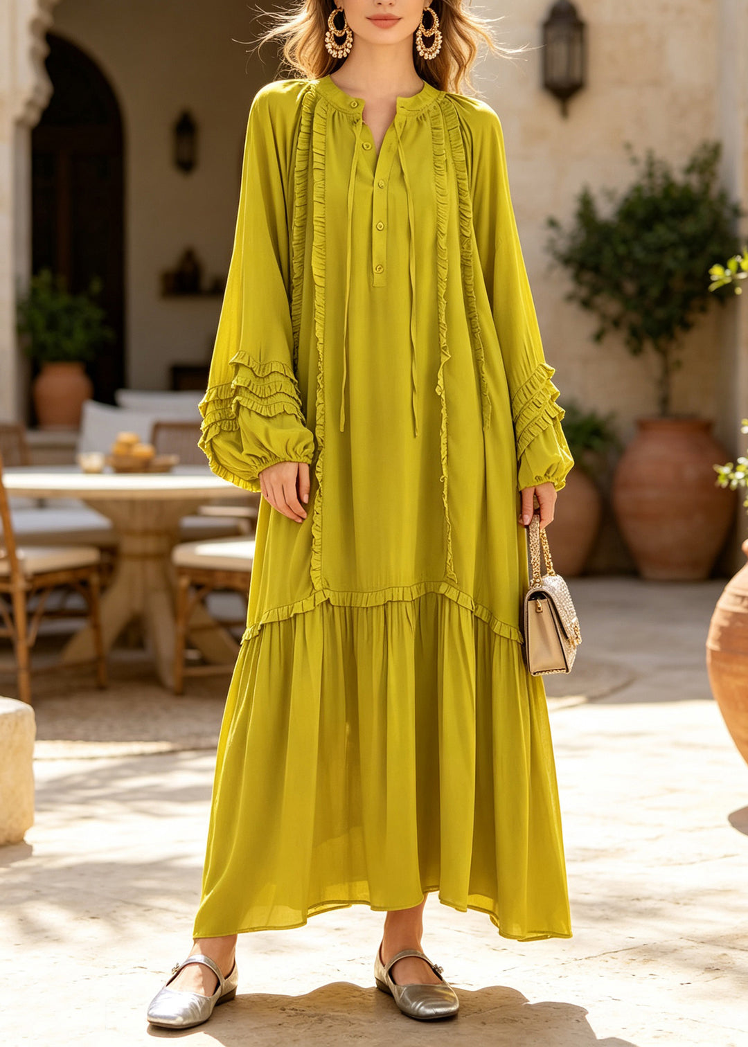 Plus Size Green Ruffled Patchwork Cotton Ankle Dress Fall