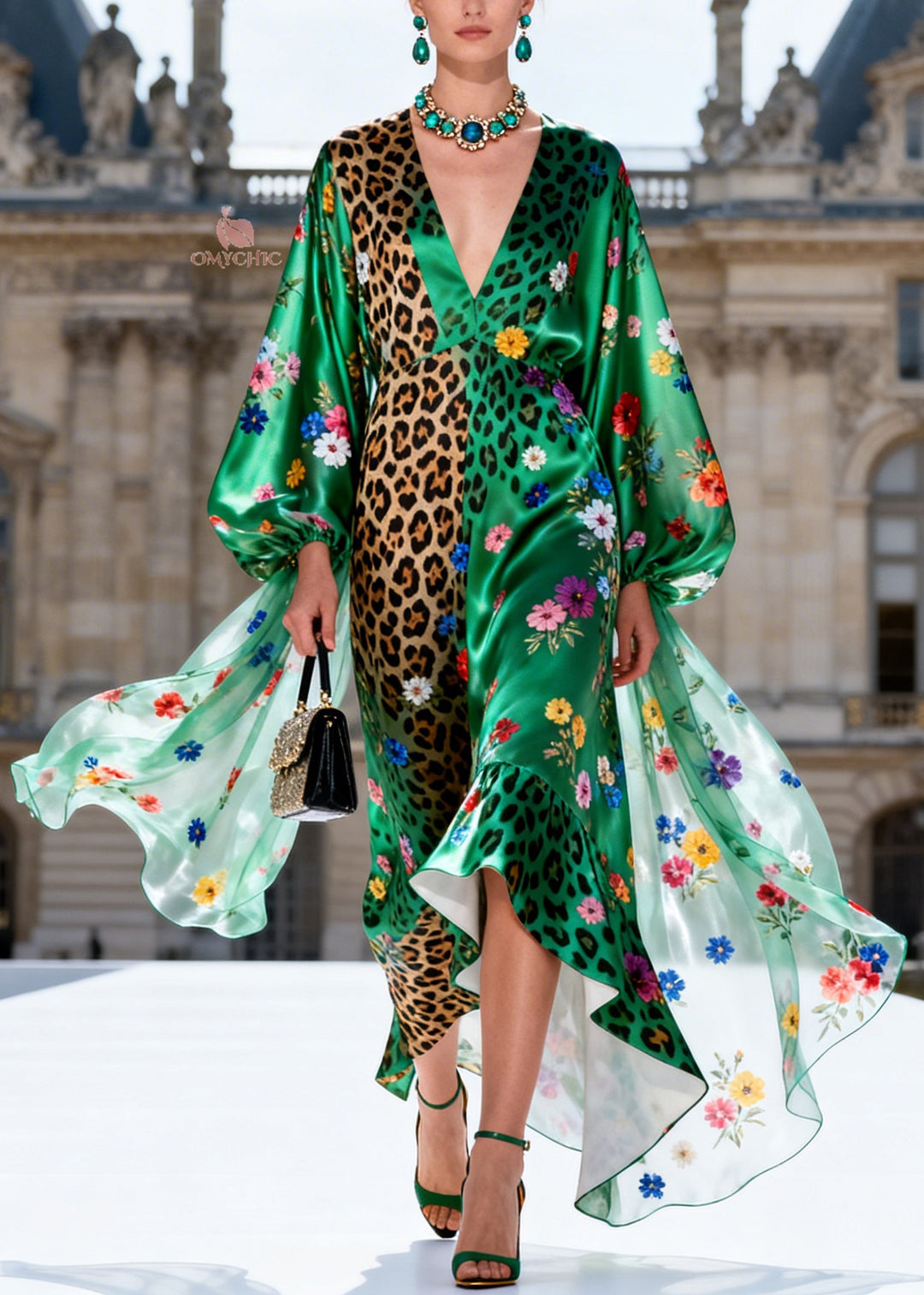 Plus Size Green Ruffled Print Silk Maxi Dresses Lantern Sleeve