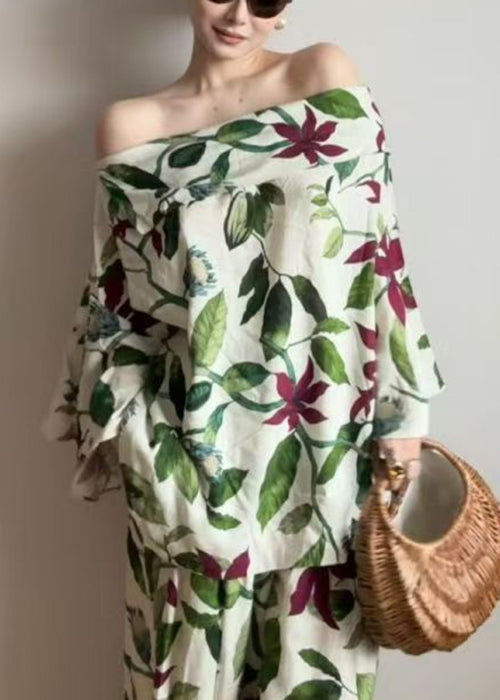 Plus Size Green Slash Neck Print Cotton Two Pieces Set Flare Sleeve