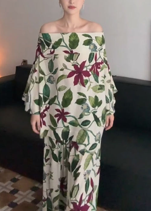 Plus Size Green Slash Neck Print Cotton Two Pieces Set Flare Sleeve