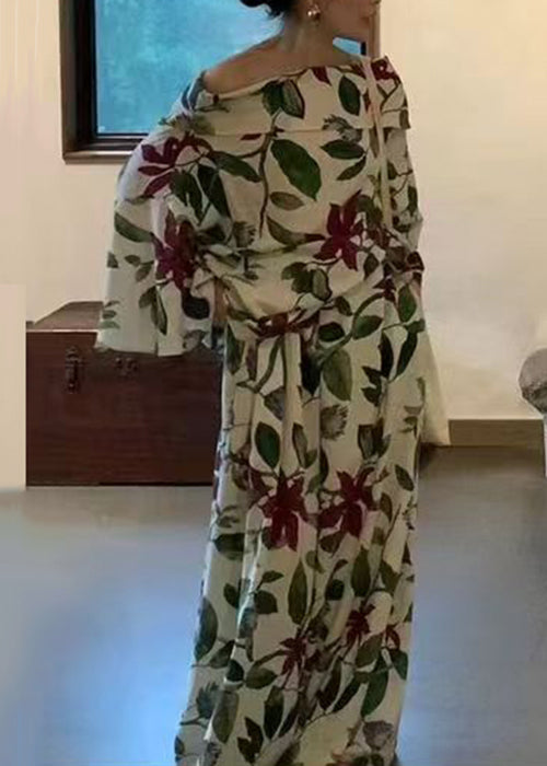 Plus Size Green Slash Neck Print Cotton Two Pieces Set Flare Sleeve