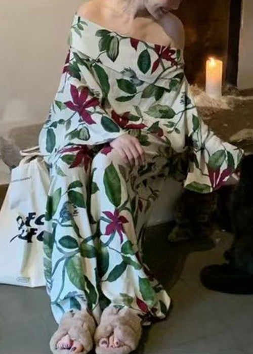 Plus Size Green Slash Neck Print Cotton Two Pieces Set Flare Sleeve