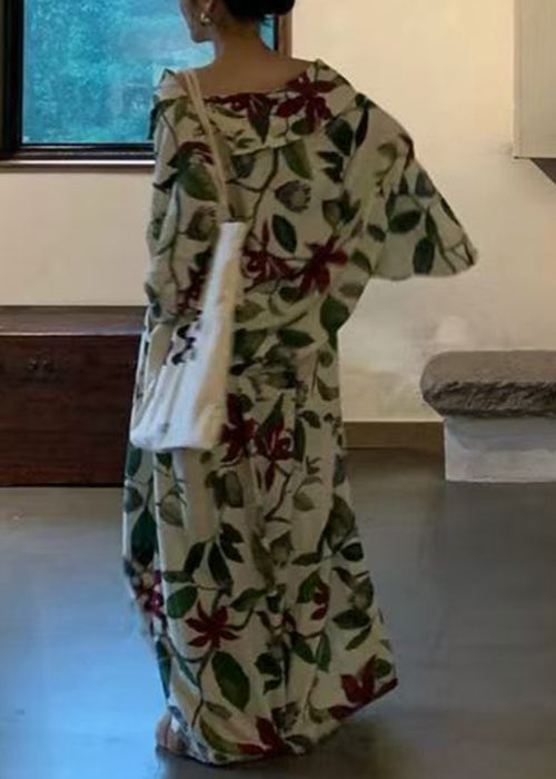 Plus Size Green Slash Neck Print Cotton Two Pieces Set Flare Sleeve
