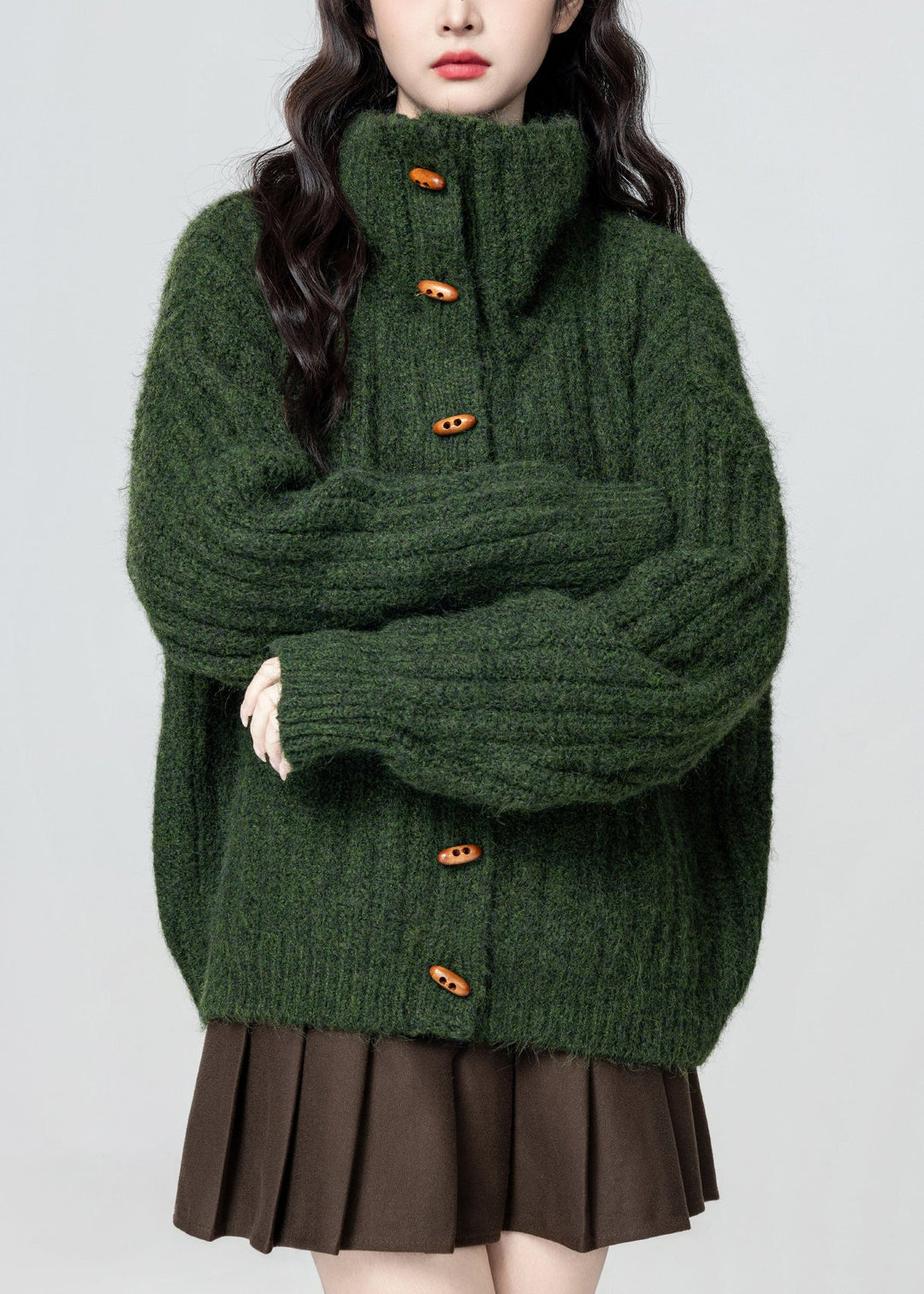 Plus Size Green Stand Collar Button Cozy Knit Coat Winter