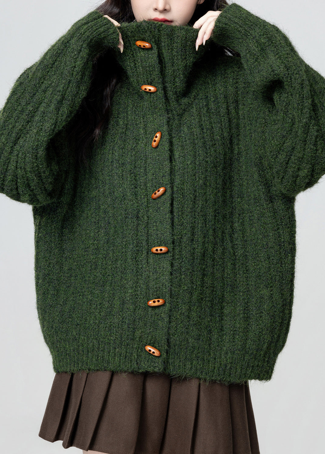 Plus Size Green Stand Collar Button Cozy Knit Coat Winter