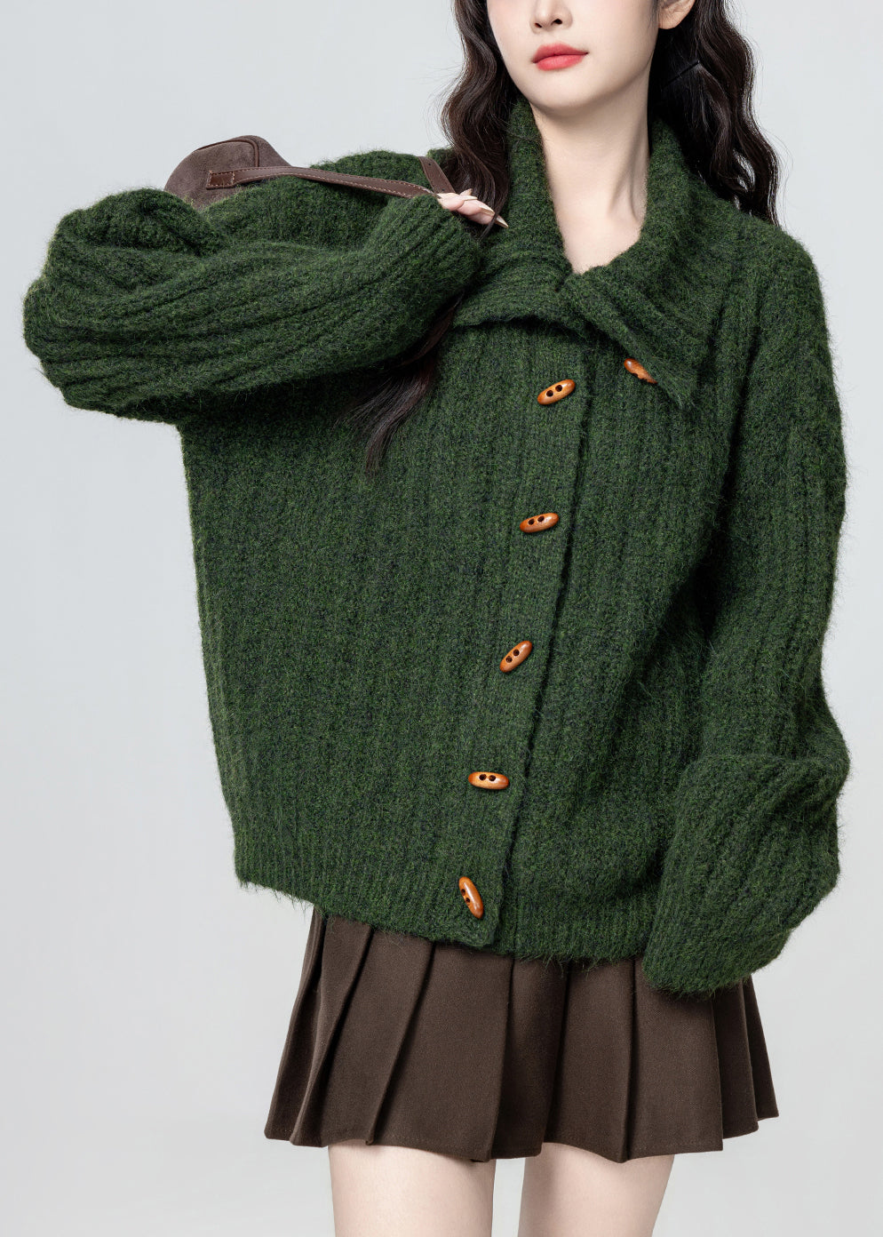 Plus Size Green Stand Collar Button Cozy Knit Coat Winter