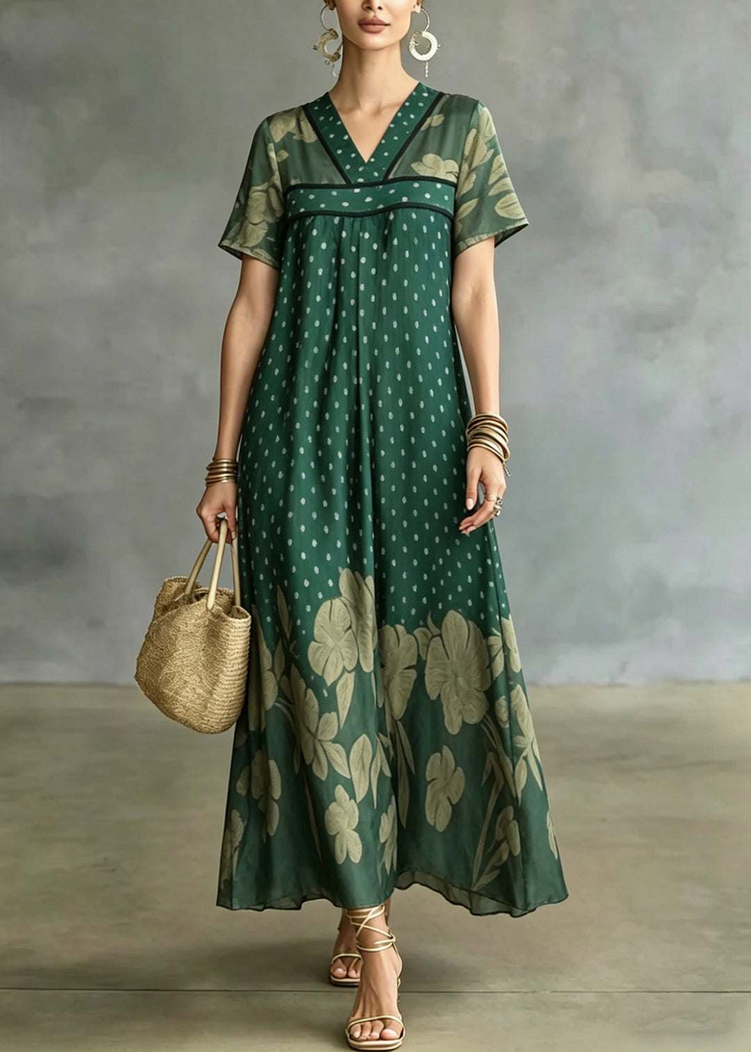 Plus Size Green V Neck Patchwork Ice Silk Long Dress Short Sleeve