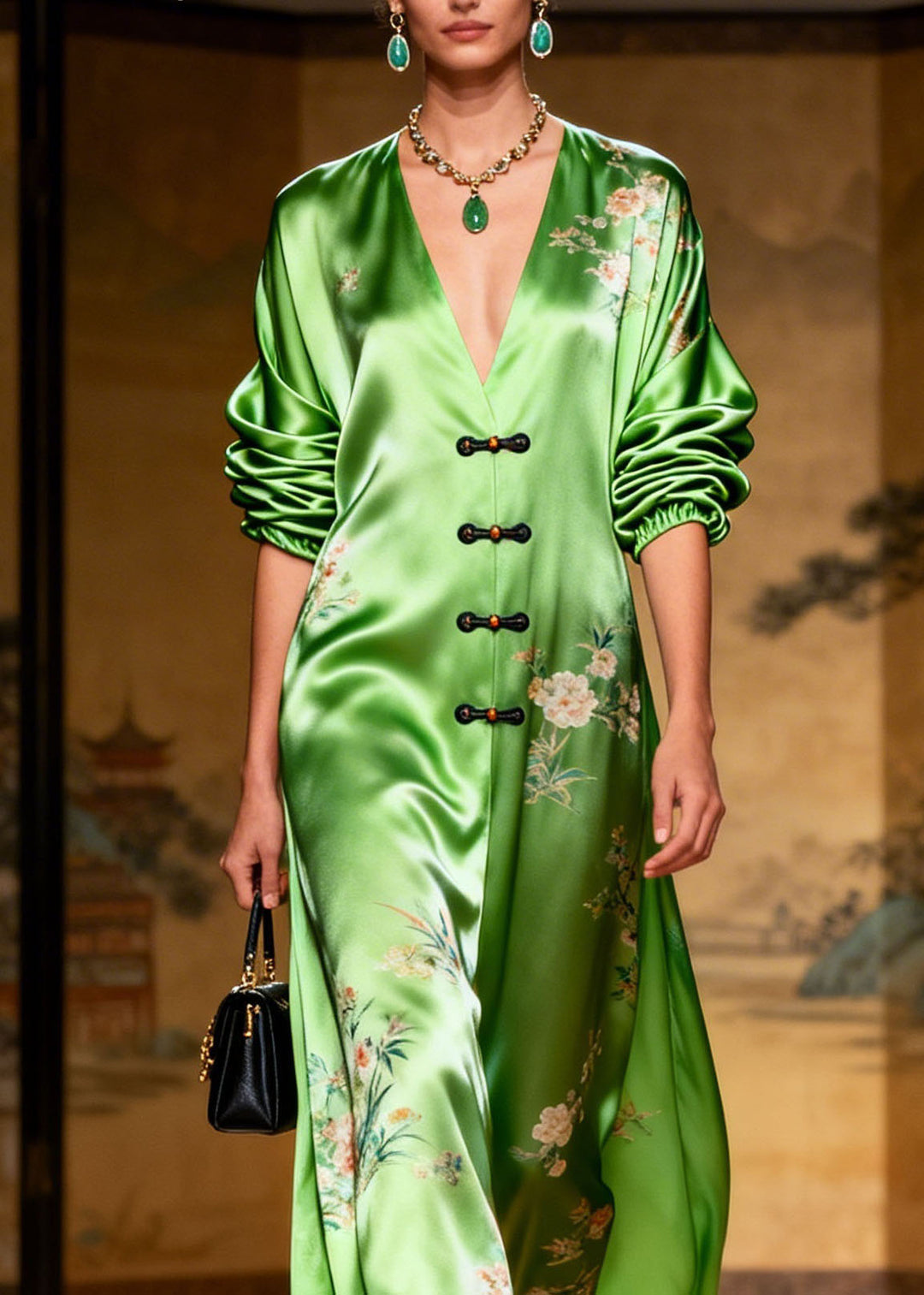Plus Size Green V Neck Print Chinese Button Silk Long Dress Summer