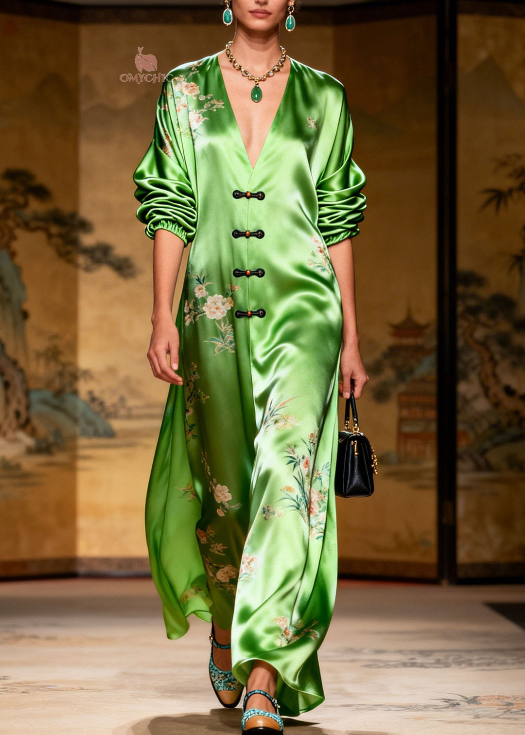 Plus Size Green V Neck Print Chinese Button Silk Long Dress Summer