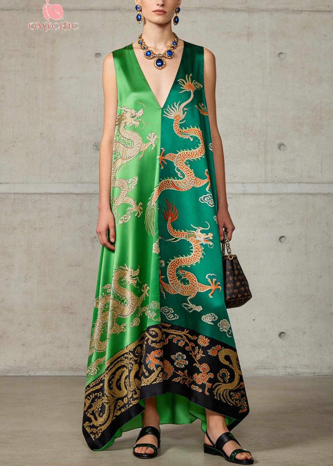 Plus Size Green V Neck Print Silk A Line Dress Sleeveless