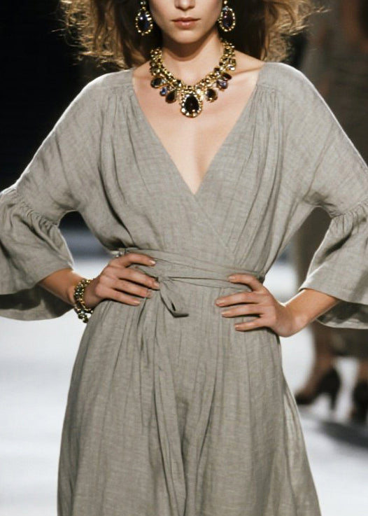 Plus Size Grey Cinched Linen Robe Dresses Flare Sleeve