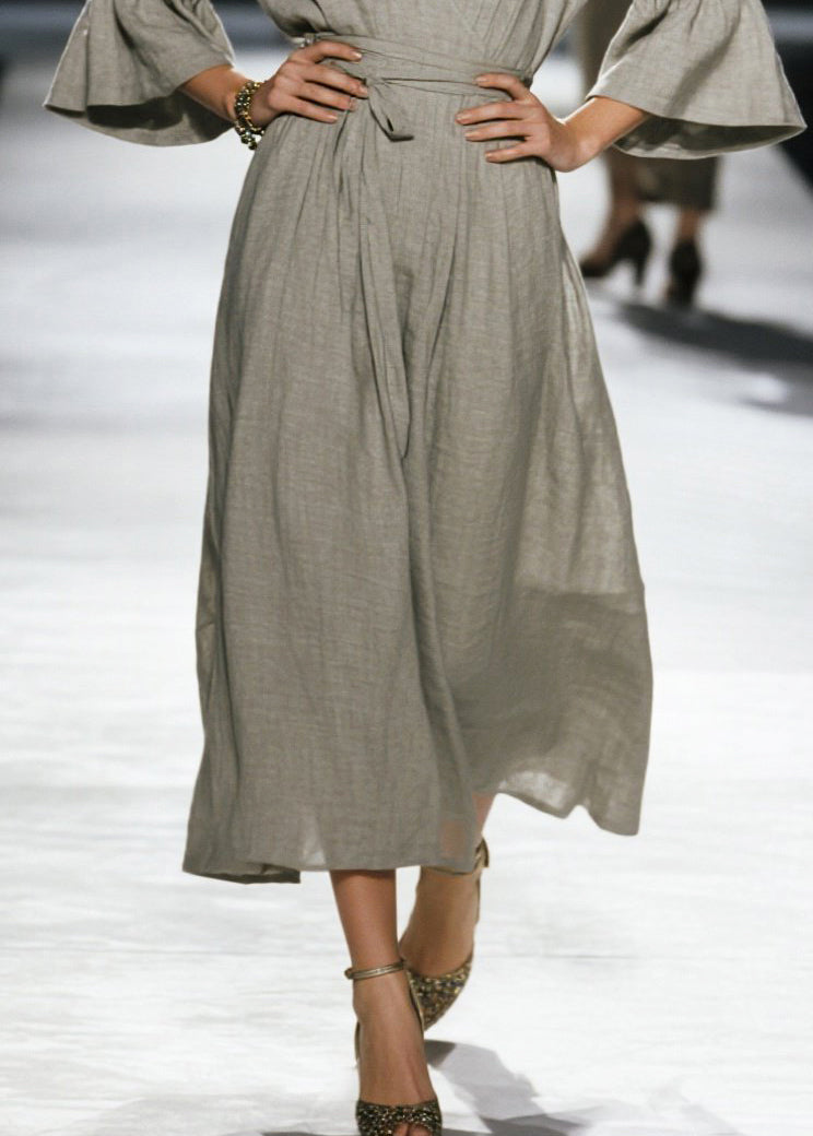 Plus Size Grey Cinched Linen Robe Dresses Flare Sleeve