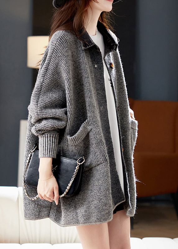 Plus Size Grey Denim Patchwork Pockets Cotton Knit Cardigans Lantern Sleeve