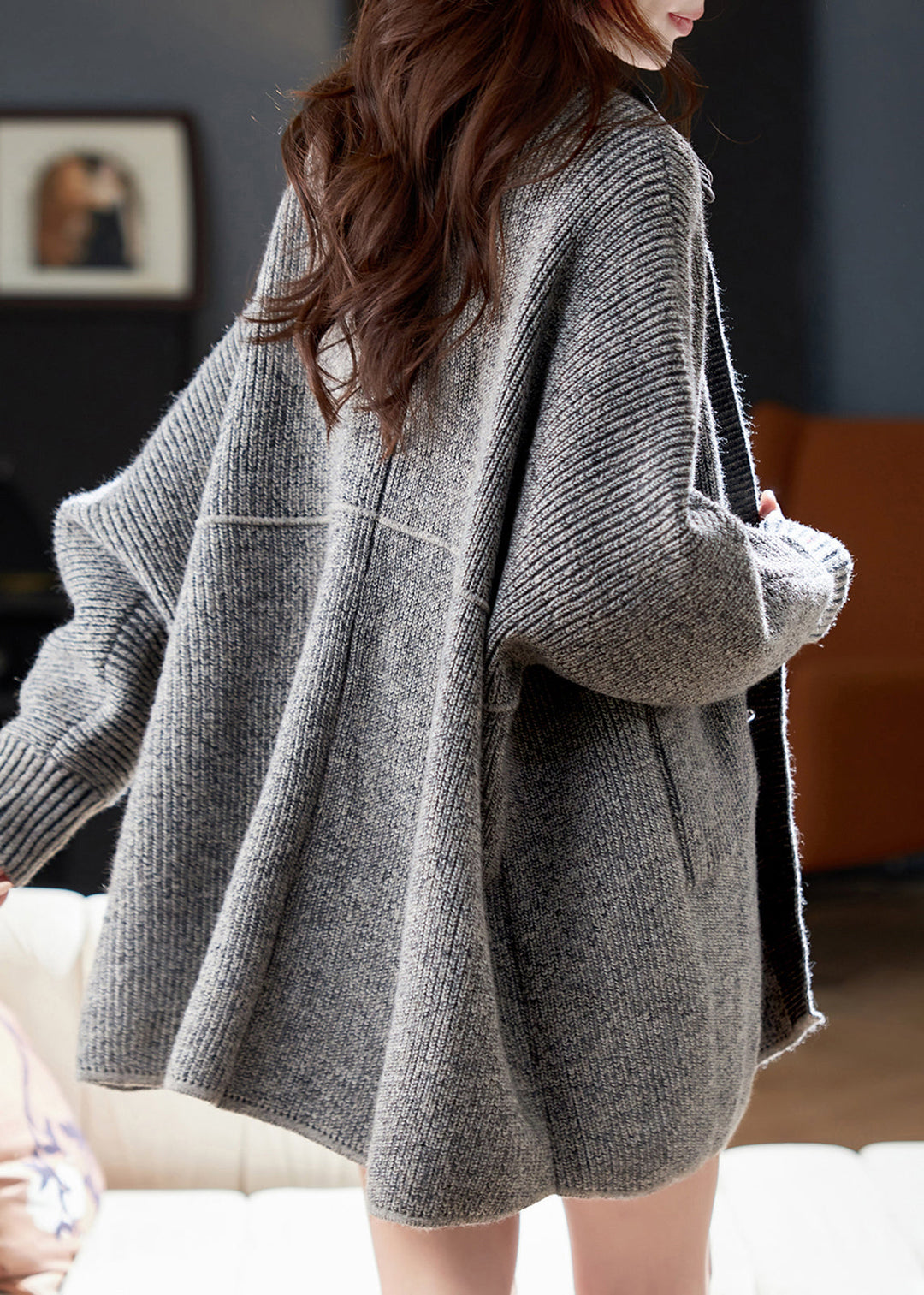 Plus Size Grey Denim Patchwork Pockets Cotton Knit Cardigans Lantern Sleeve