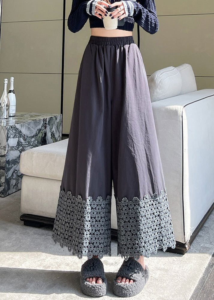 Plus Size Grey Floral Patchwork Cotton Wide Leg Pants Fall