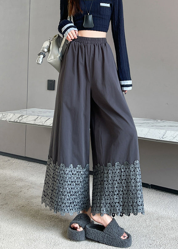 Plus Size Grey Floral Patchwork Cotton Wide Leg Pants Fall
