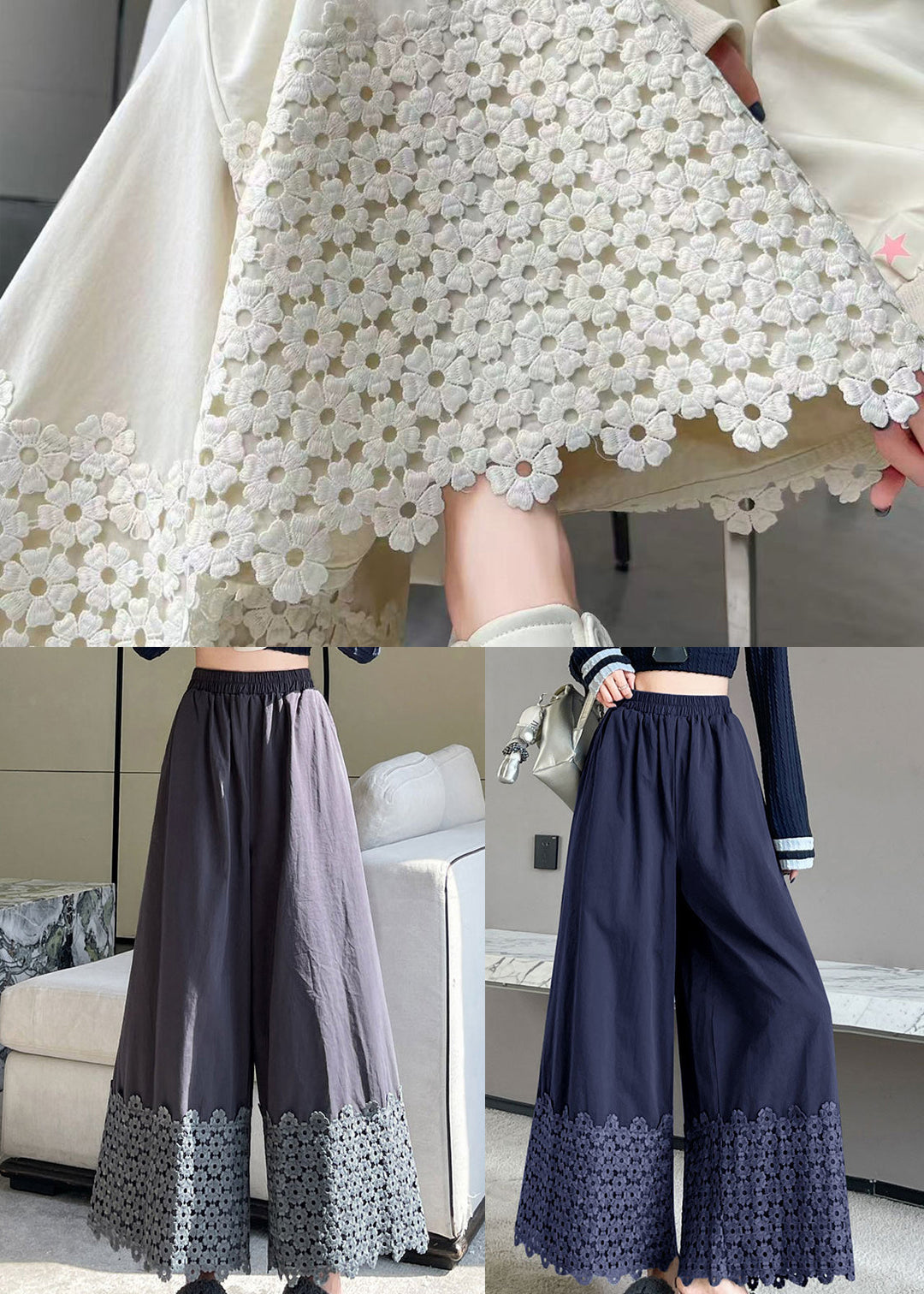 Plus Size Grey Floral Patchwork Cotton Wide Leg Pants Fall