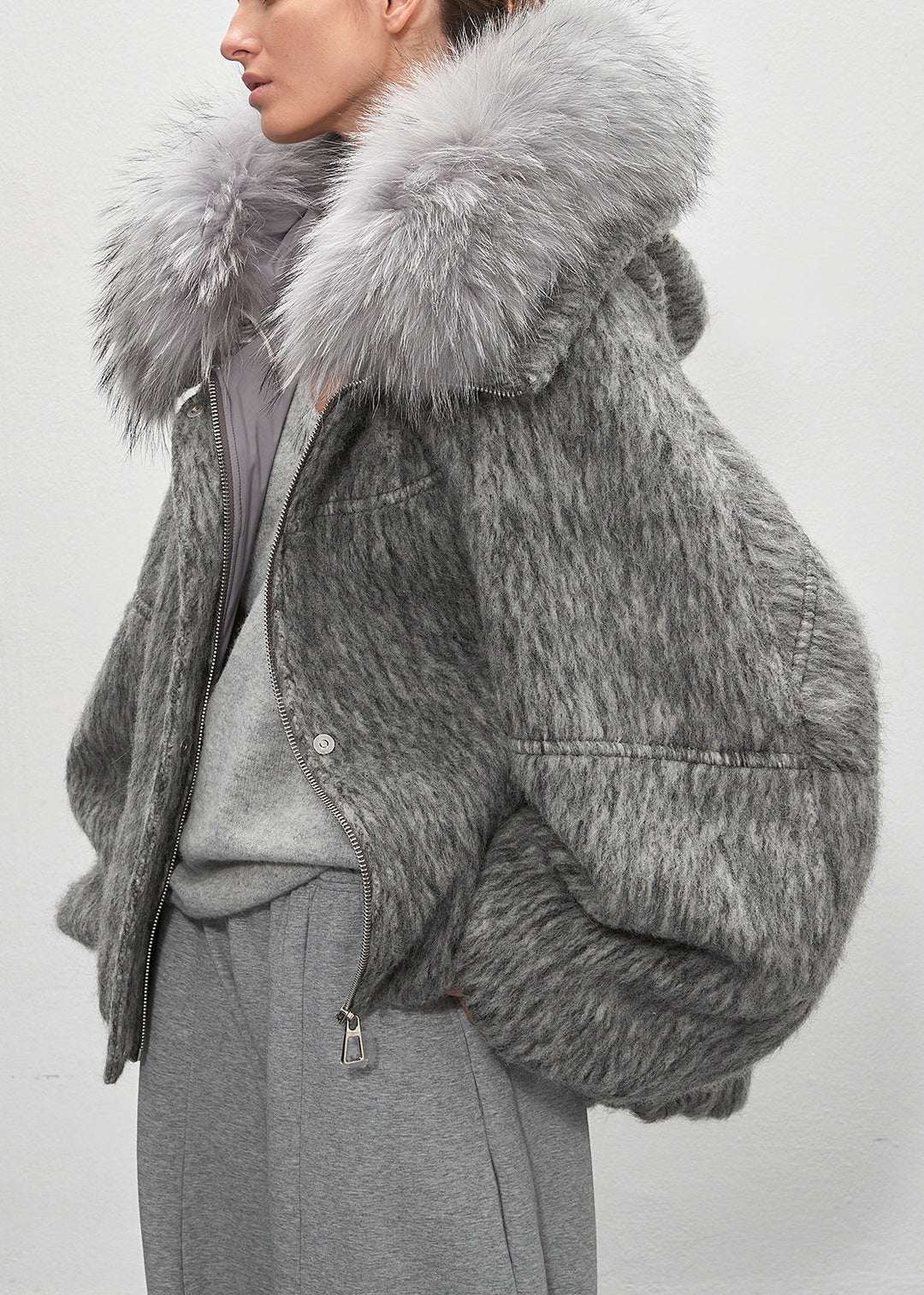 Plus Size Grey Fur Collar Zippered Duck Down Puffer Coat Winter
