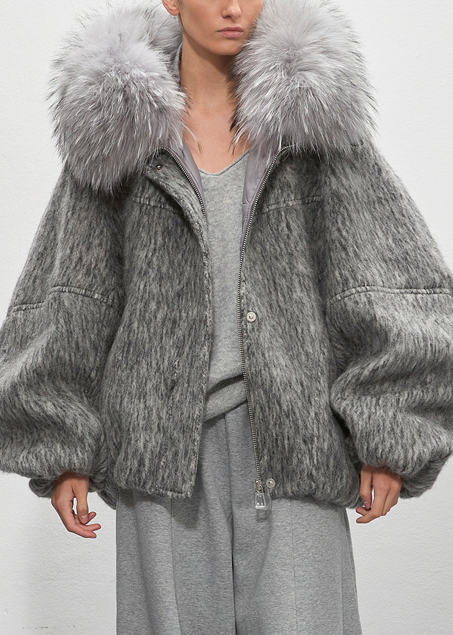 Plus Size Grey Fur Collar Zippered Duck Down Puffer Coat Winter