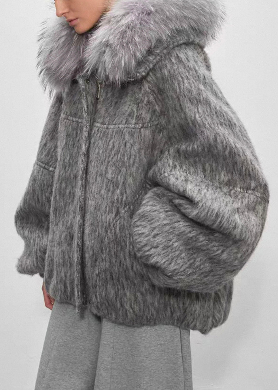 Plus Size Grey Fur Collar Zippered Duck Down Puffer Coat Winter