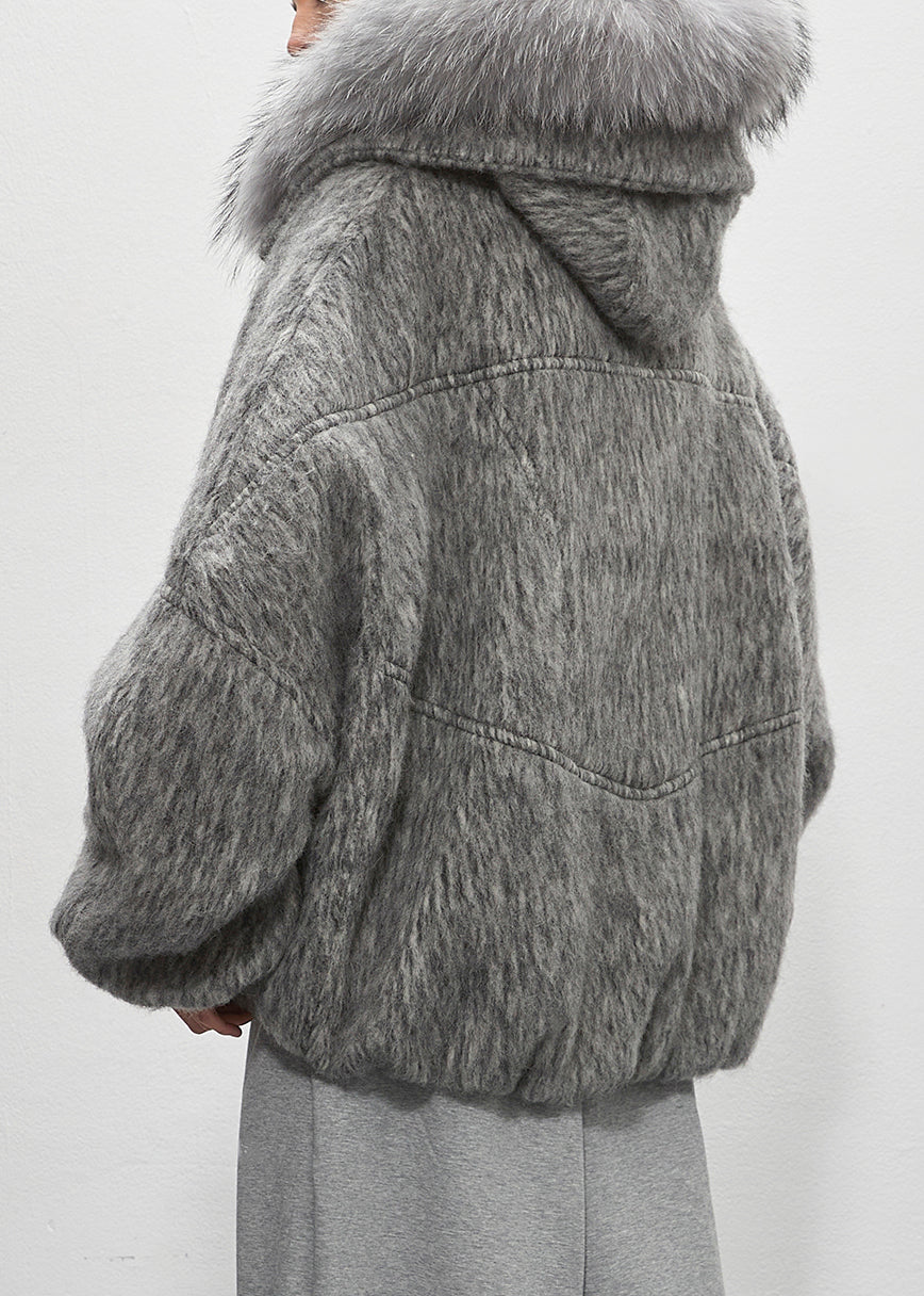 Plus Size Grey Fur Collar Zippered Duck Down Puffer Coat Winter