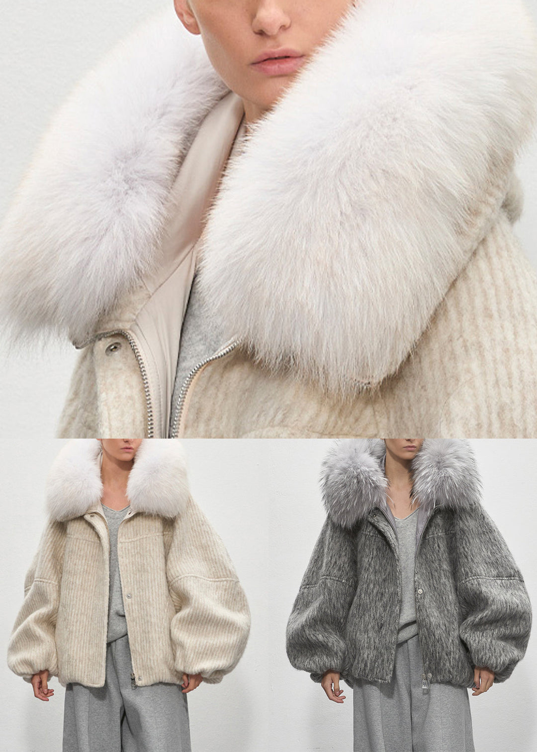 Plus Size Grey Fur Collar Zippered Duck Down Puffer Coat Winter