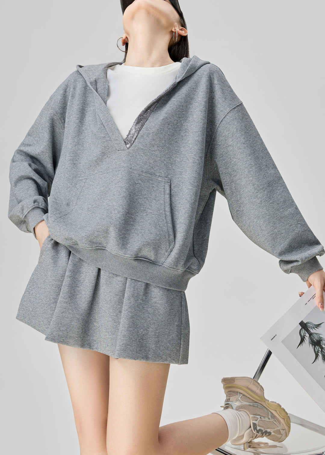 Plus Size Grey Hooded Sweatshirt And Skirts Cotton Two Pieces Set Fall