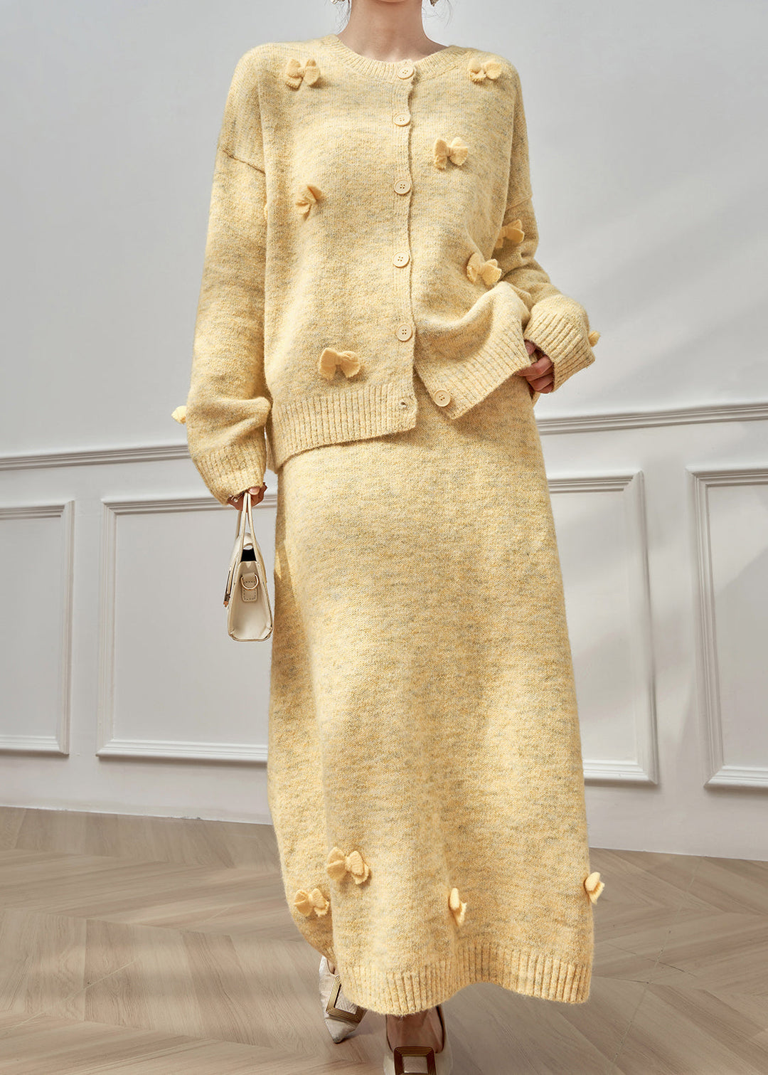 Plus Size Grey O Neck Bow Button Knit Two-Piece Set Winter