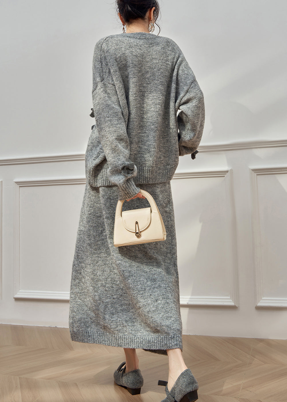 Plus Size Grey O Neck Bow Button Knit Two-Piece Set Winter