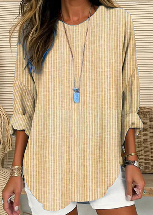 Plus Size Grey O Neck Striped Cotton Blouses Long Sleeve