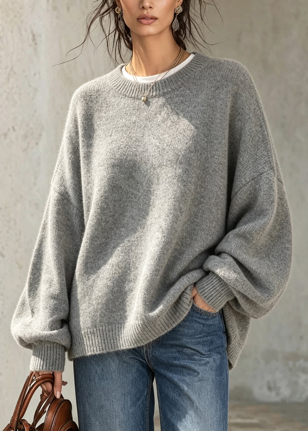 Plus Size Grey O Neck Thick Knit Sweaters Fall