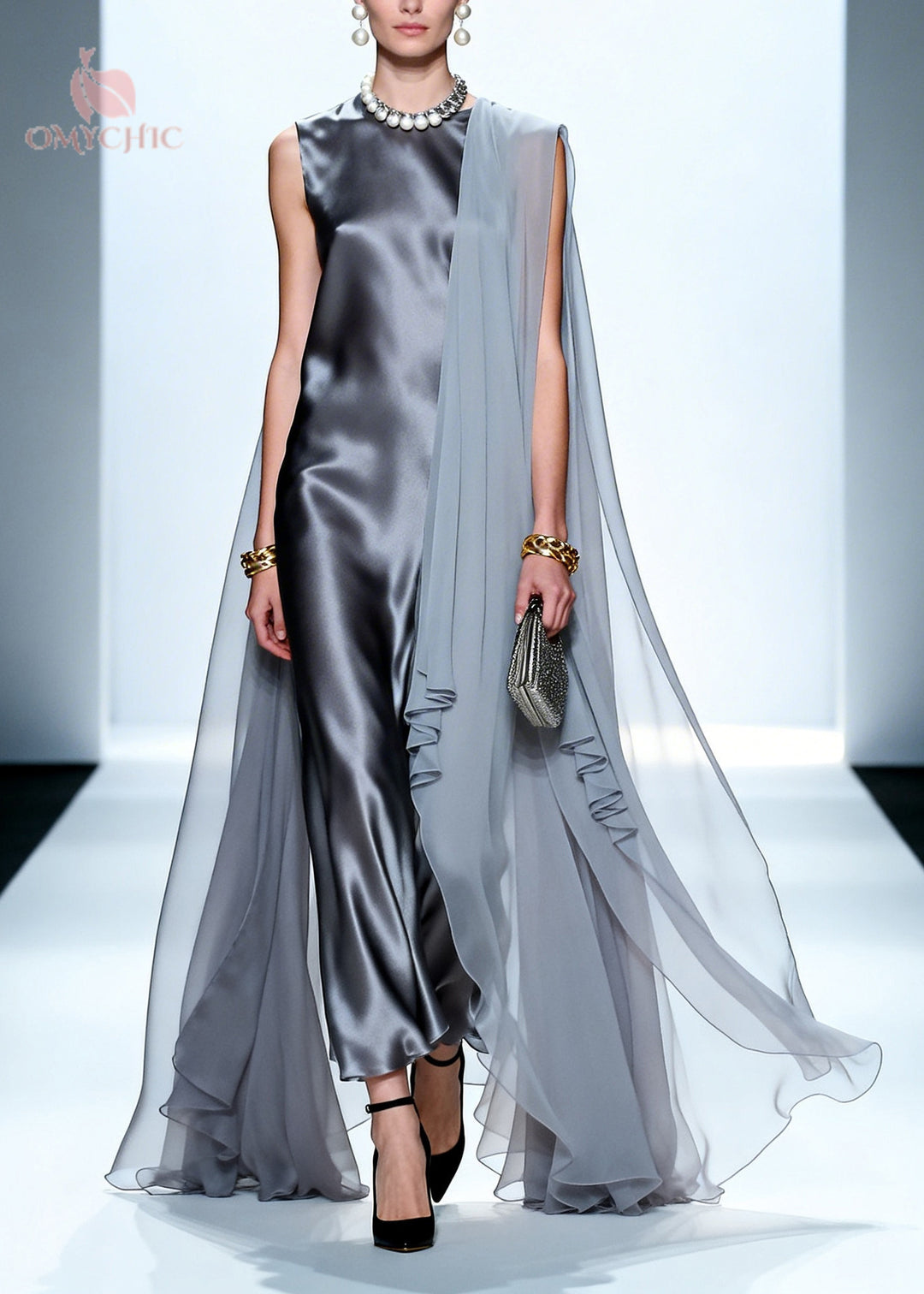 Plus Size Grey Oversized Patchwork Chiffon Maxi Dress Summer
