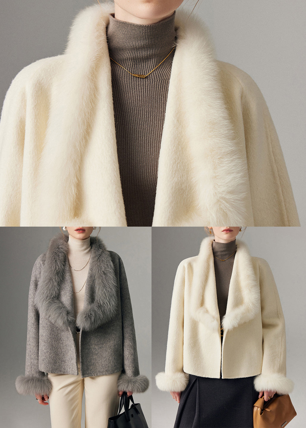 Plus Size Grey Oversized Patchwork Fox Fur Wool Cardigan Winter