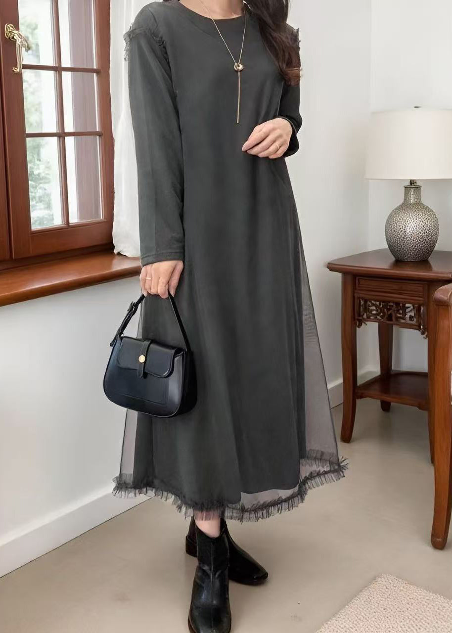 Plus Size Grey Oversized Patchwork Tulle Robe Dresses Spring