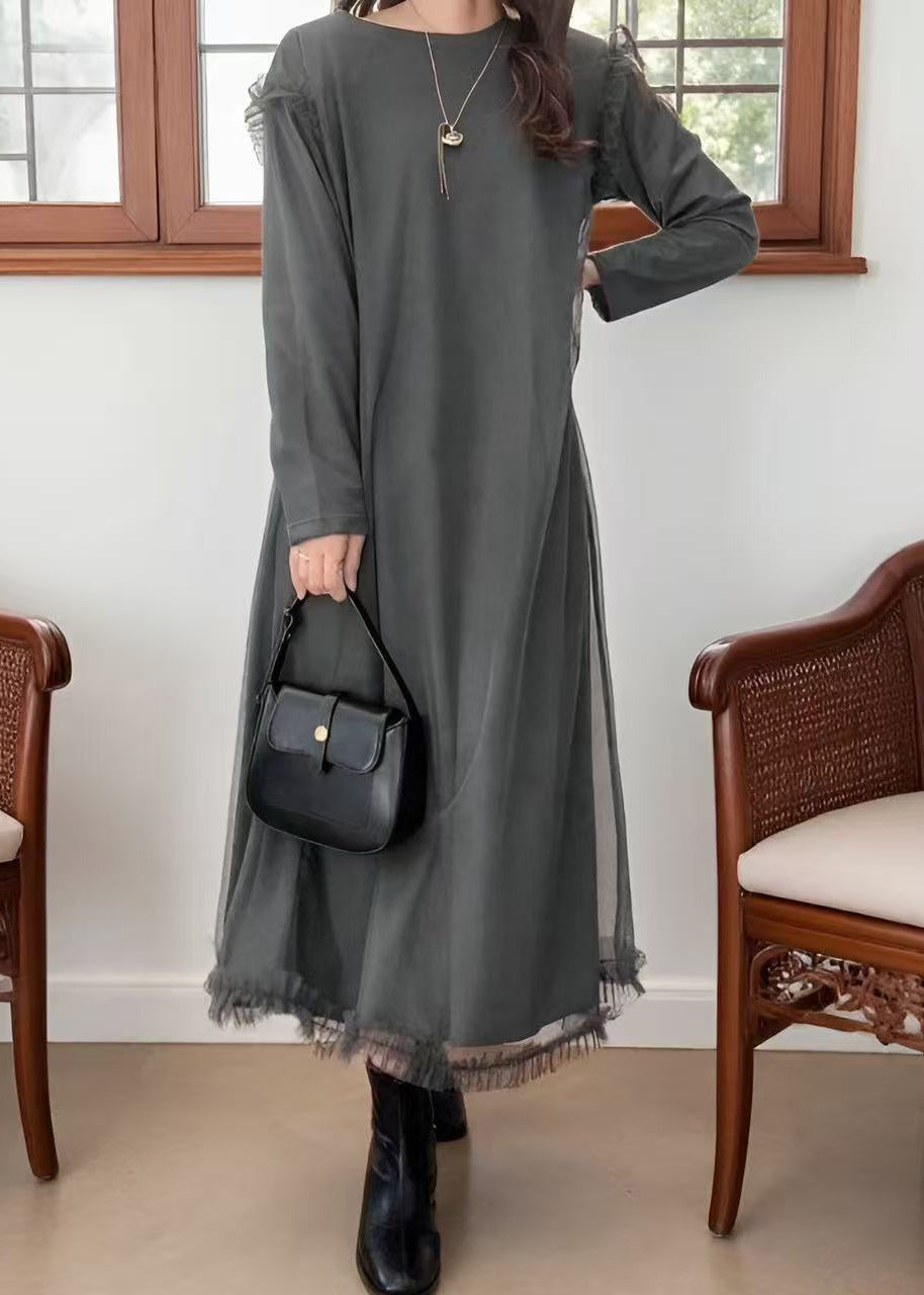 Plus Size Grey Oversized Patchwork Tulle Robe Dresses Spring