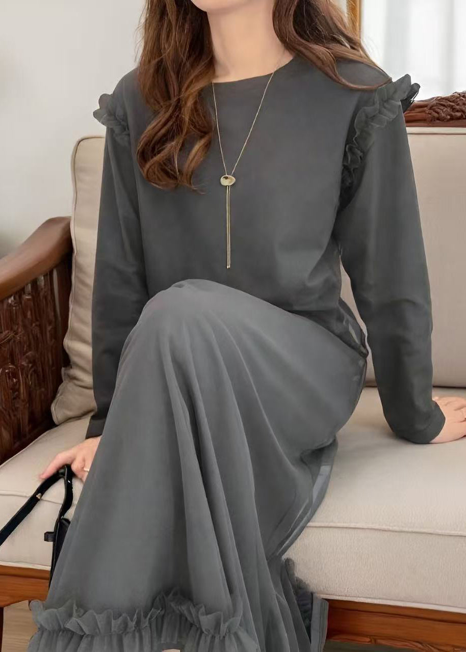 Plus Size Grey Oversized Patchwork Tulle Robe Dresses Spring